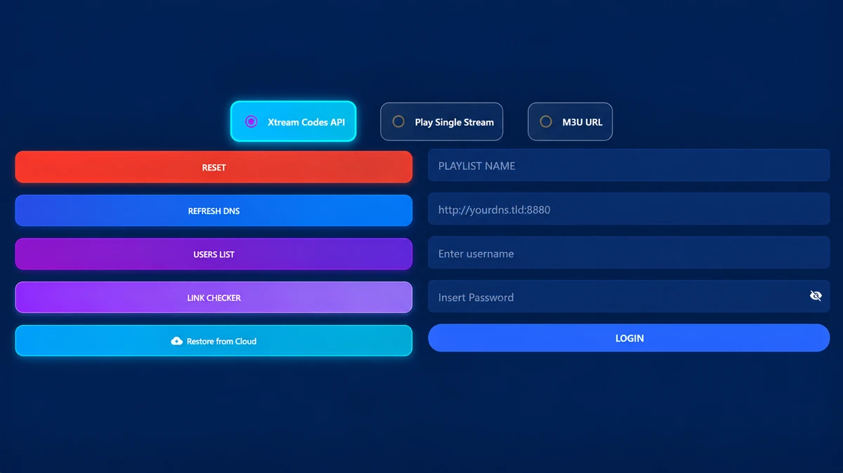IPTV Smarter playlist login screen with Xtream Codes API, Play Single Stream and M3U URL options and fields for server URL, username and password